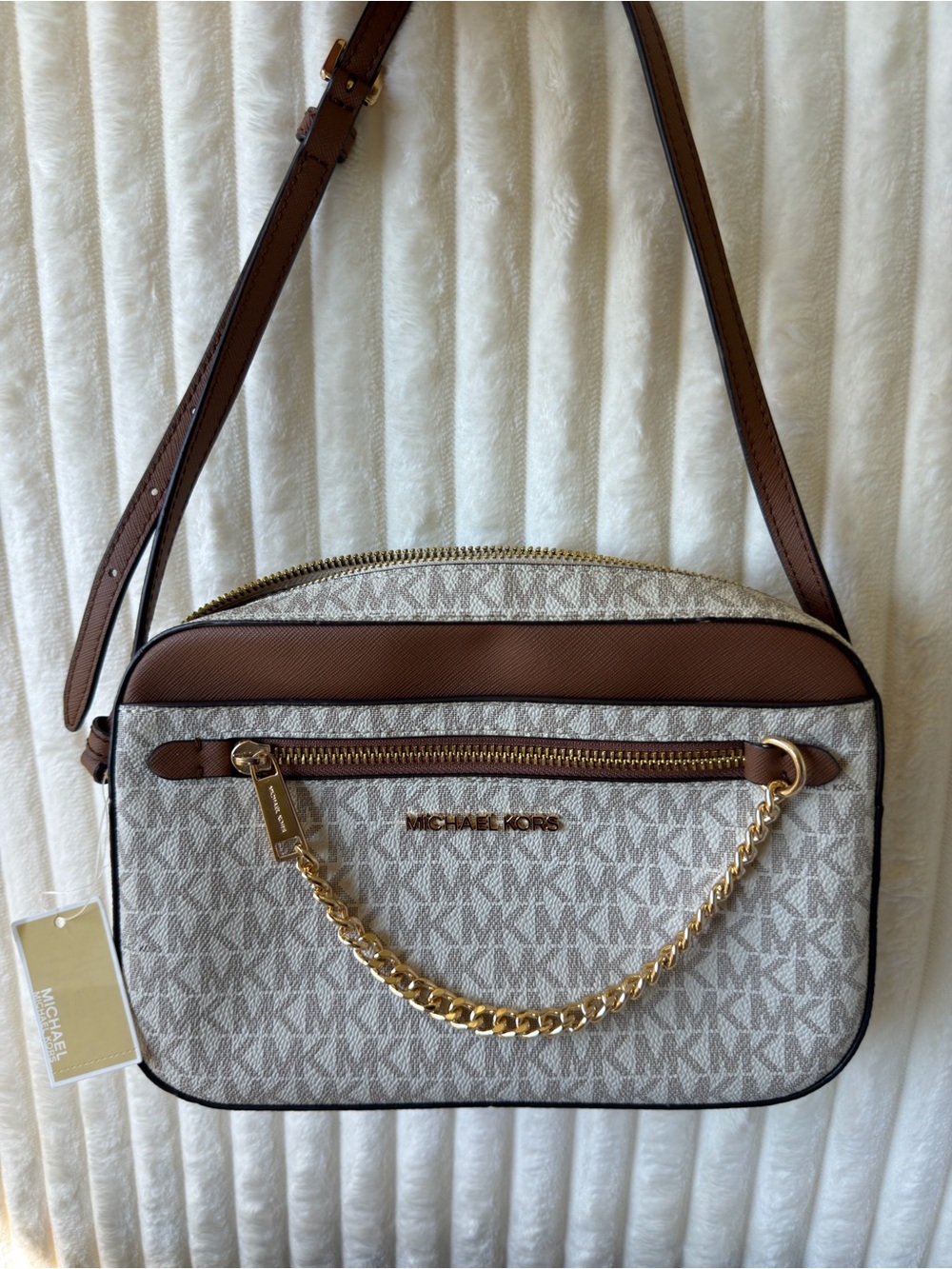 Michael Kors Vanilla Logo Crossbody with Brown Trim and Gold Chain